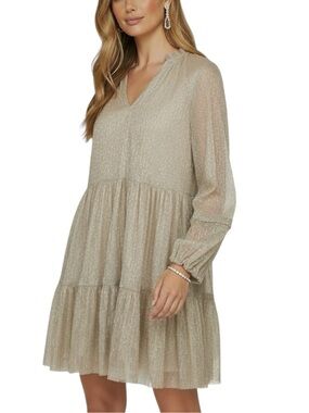 CECE Gold Shimmer Sheer Long Sleeve V-Neck Tier Ruffle Lined Dress Size Medium